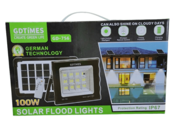 PARÁMETROS Marca GDTIMES Modelo GD-756 Materiales ABS + VIDRIO Panel solar 6V5W Tiempo de carga 8-10H Tiempo de trabajo 13-15H Tamaño de la lámpara 18.5X15.8X5.8CM Características del producto: IP67 resistente al agua en diversos entornos climáticos Batería de alta calidad con larga vida útil Contenido de la caja: 1 luz solar de 100 W, 1 panel solar, 1 mando a distancia.