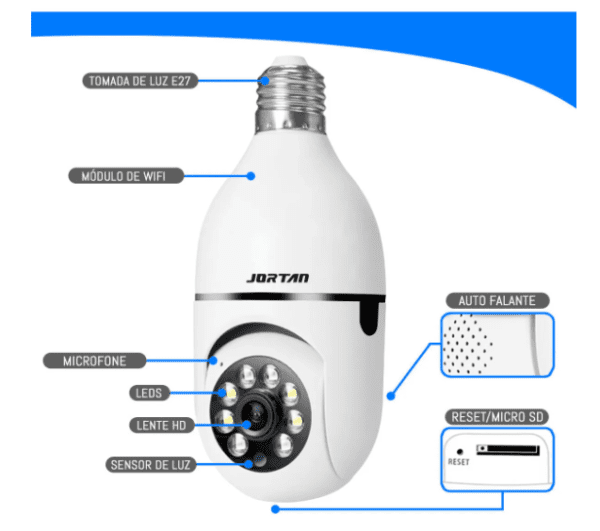 Cámara De Seguridad Con Bombilla Wifi Ip Full Hd Visión Nocturna Jt-8177 Wi-Fi de 2,4 Ghz: Conectividad Wi-Fi de alta velocidad que le permite acceder a la cámara de forma remota a través de su teléfono inteligente o dispositivo inteligente. Admite tarjeta de memoria: con la compatibilidad con tarjetas de memoria, puede almacenar grabaciones e imágenes directamente en la cámara para consultarlas en el futuro. Protocolo ONVIF: Compatibilidad con el estándar ONVIF, permitiendo la integración con otros dispositivos de seguridad. Vista HD: la cámara ofrece calidad de imagen Full HD para una vista clara y detallada. Almacenamiento en la nube: además del almacenamiento local, también puede optar por el almacenamiento en la nube para realizar copias de seguridad de los datos. Detección de objetos: Detecta movimientos y objetos en tiempo real, lo que le permite monitorear eventos de seguridad importantes. Aplicación YOOSEE: utilice la aplicación YOOSEE para ver y controlar la cámara de forma remota. Audio bidireccional: la funcionalidad "Escuchar y hablar" permite la comunicación bidireccional, lo que facilita la interacción con las personas que se encuentran en la ubicación de la cámara. Soporte para Tarjeta de Memoria de hasta 128GB: Almacena un gran volumen de grabaciones e imágenes. Protección IP44: Protección contra objetos sólidos extraños de más de 1 mm y protección contra salpicaduras de agua desde todas las direcciones, lo que garantiza durabilidad en diversas condiciones climáticas : Detecta movimientos y sigue automáticamente figuras humanas en su campo de visión. Artículos incluidos: 1x cámara 1x boquilla 2x tornillos 2x casquillos